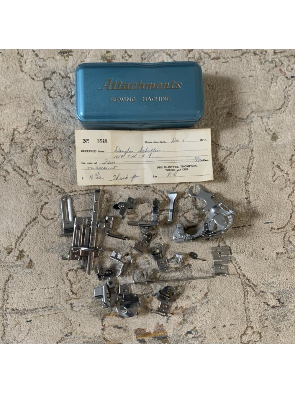 Vintage Sewing Machine Attachment Lot w/ Blue Metal Tin Ruffler Presser Feet